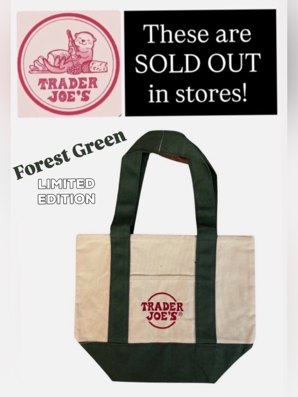 NEW🏷️💚FOREST GREEN Trader Joe's Mini Canvas 2025 Holiday Tote Bag!